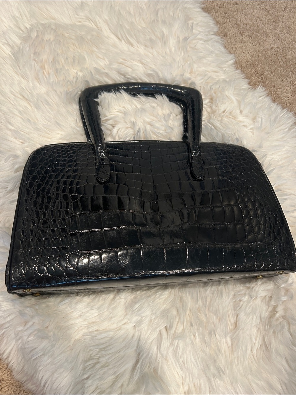 Structured Croc-Embossed Top-Handle Satchel in Black